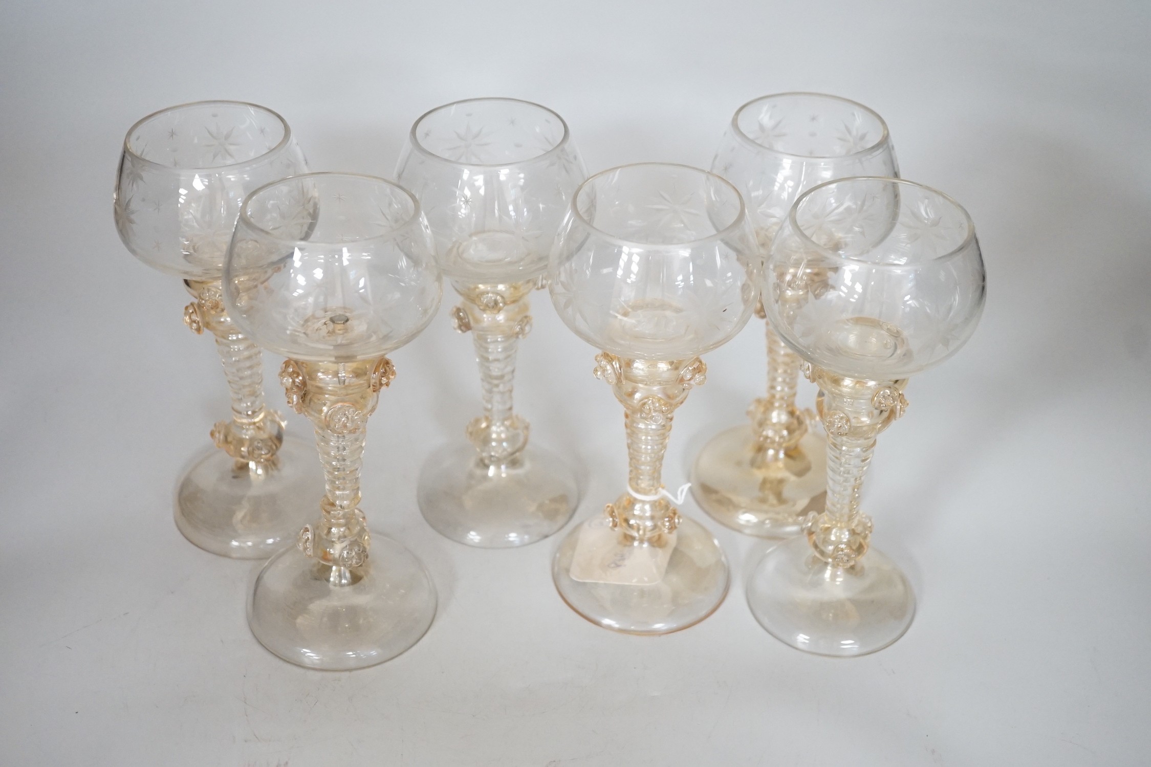 A set of six Venetian stemmed hock glasses. 17.5cm tall